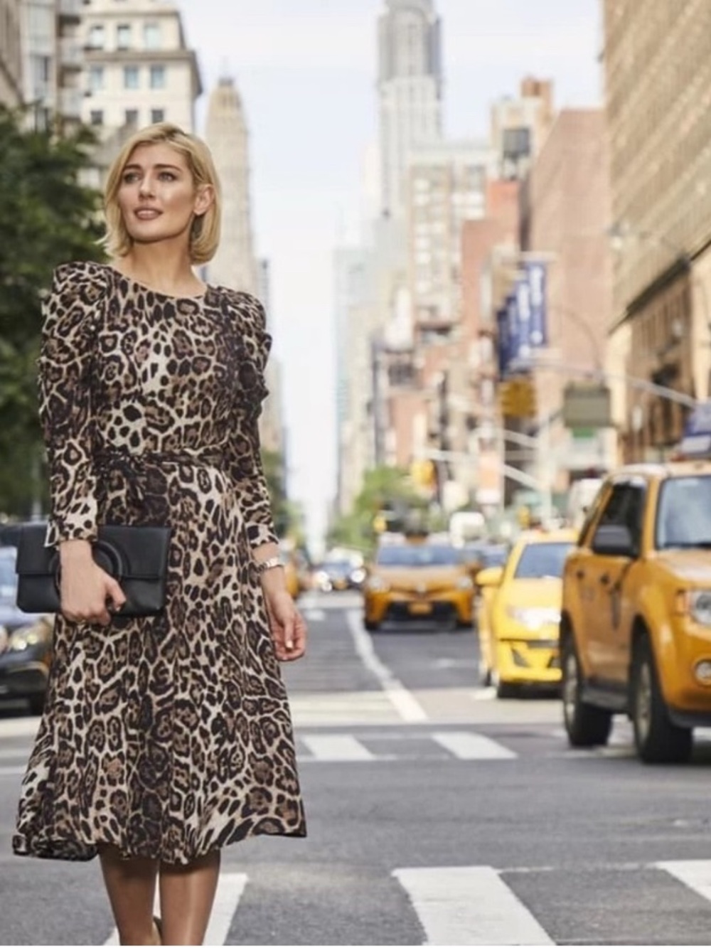 Eliza J Leopard Print Long Sleeve Midi Dress